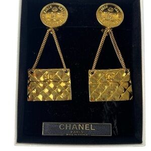 CHANEL Quilted Bag 2.55 CC Motif Dangle Clip On Earrings
